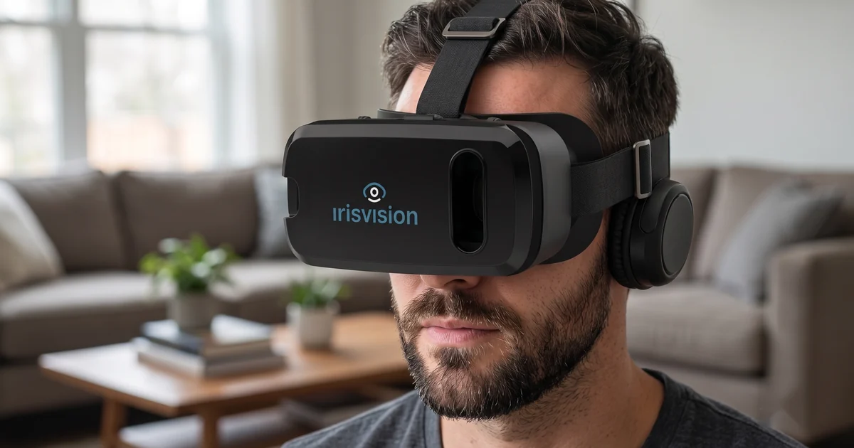 A person wearing the IrisVision Vista headset