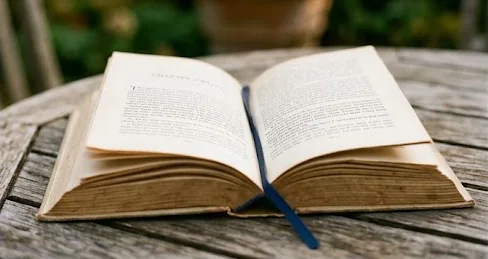 An open book on a garden table