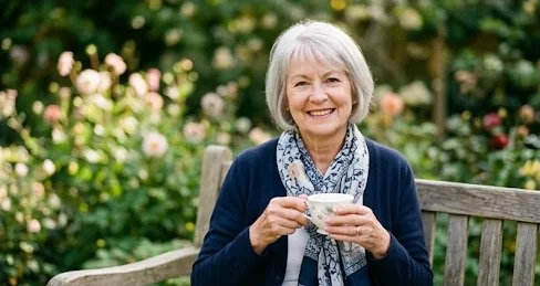 A woman enjoying tea outdoors